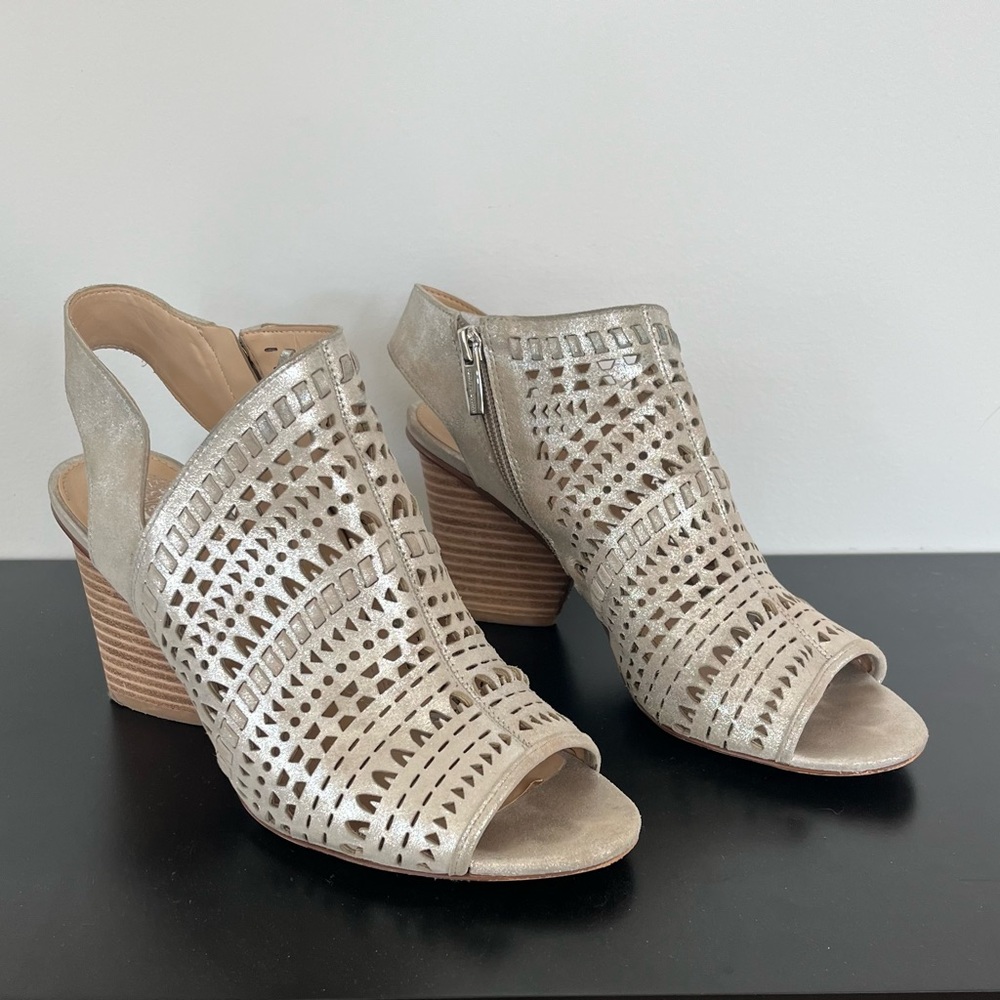 Vince Camuto silver stacked heels